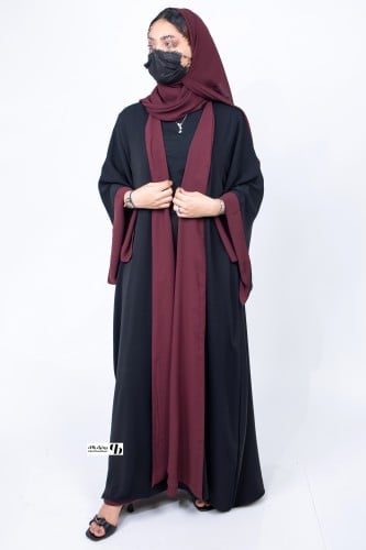 عباية شيفون عنابي مع بلاك بيري اسود والاكمام مفتوح...