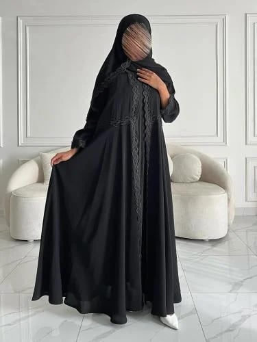 Black summer abaya made of luxurious crepe with embroidery, double pleated cut – from Al-Najma Al-Dhahabiya abayas
