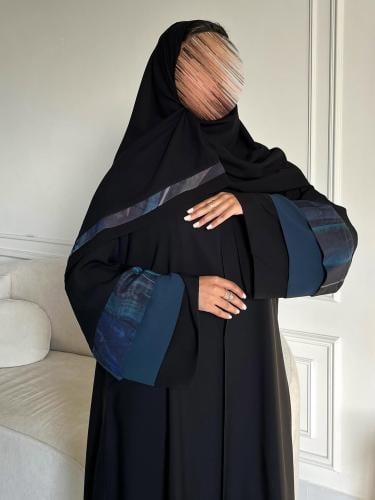 Black summer crepe abaya + three layers of chiffon with sleeves and the head covering with an elegant design from Al-Najma Al-Dhah...