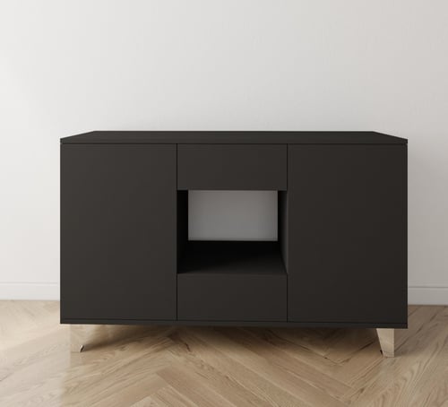 ركن قهوة مودرن أسود بدرجين ورفوف تخزين أنيق