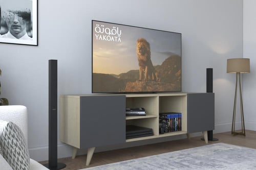 طاولة تلفزيون لون بيج واسود بدرفتين