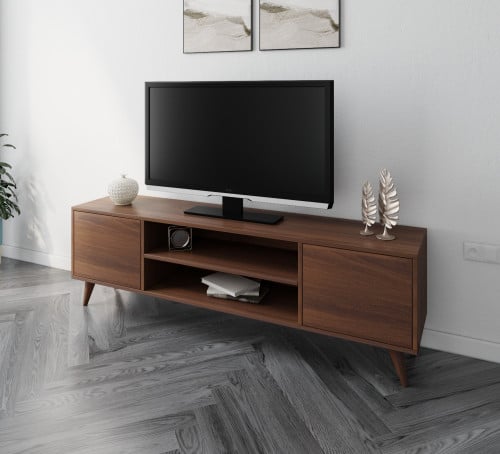 طاولة تلفزيون لون بني بدرفتين ورفين من ياقوتة