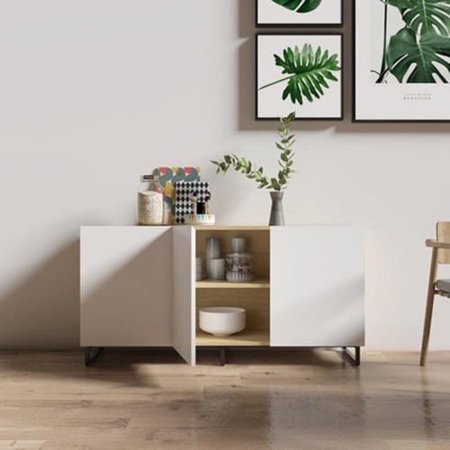 طاولة بوفيه خشب لون بيج وأبيض