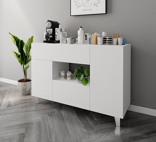 ركن قهوة لون أبيض أنيق بدرفتين ودرجين