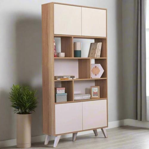 وحدة تخزين ذات أرفف ودرفات لون بيج مع أبيض من ياقو...