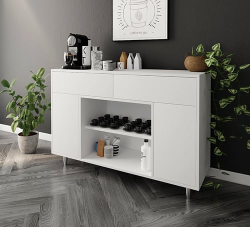 ركن قهوة لون أبيض بدرفات وأدراج