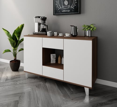 ركن قهوة أبيض مع بني يحتوي على رفوف ودرجين مع مساح...