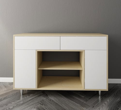 ركن قهوة أنيق لون بيج مع رفوف ودرجين باللون الأبيض