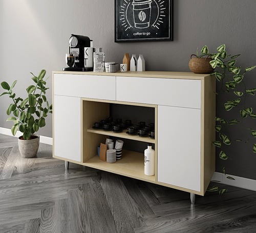 ركن قهوة أنيق لون بيج مع رفوف ودرجين باللون الأبيض