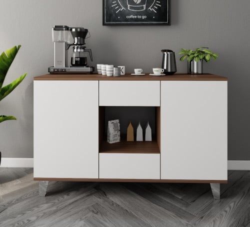 ركن قهوة أبيض مع بني يحتوي على رفوف ودرجين مع مساح...