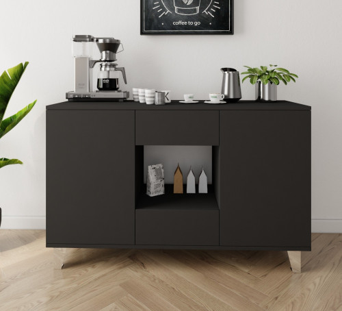 ركن قهوة مودرن أسود بدرجين ورفوف تخزين أنيق