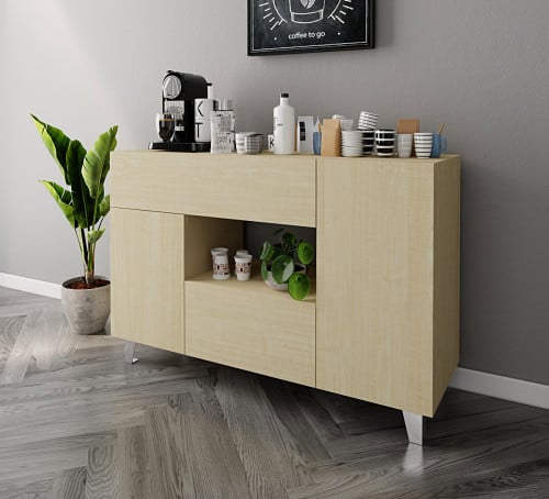 بار قهوة بيج فاخر مع رفوف وأدراج تخزين أنيقة