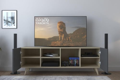 طاولة تلفزيون لون بيج واسود بدرفتين