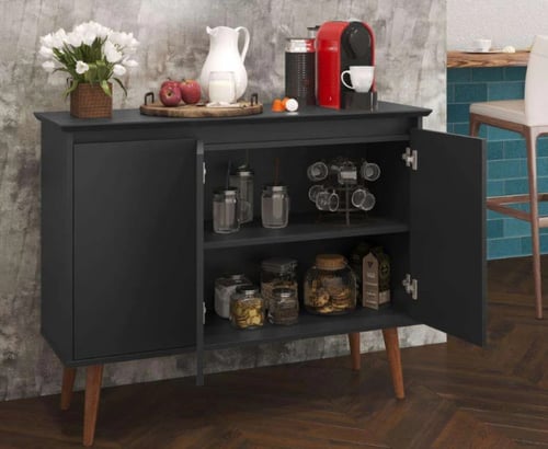 طاولة عصرية بتصميم أنيق لون أسود ورفوف مخفية