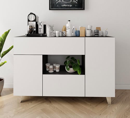 ركن قهوة مودرن بدرجين ورفوف متعددة - تصميم أسود وأ...