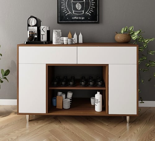 ركن قهوة لون بني بدرفات وأدراج لون أبيض