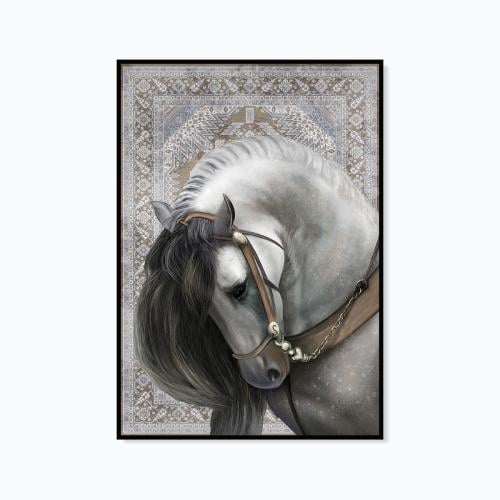 A fabric painting with a carpet design and a horse