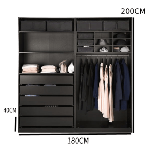 دولاب اسود مفتوح بارفف و ادرج و علاقة ملابس
