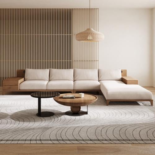 كنبة زاوية رُكنة بمساحة تخزين خشب طبيعي مع قماش كت...