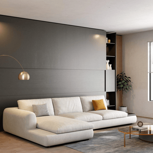 اريكة قماش فاخرة علي شكل ال بالوان مختلفه.