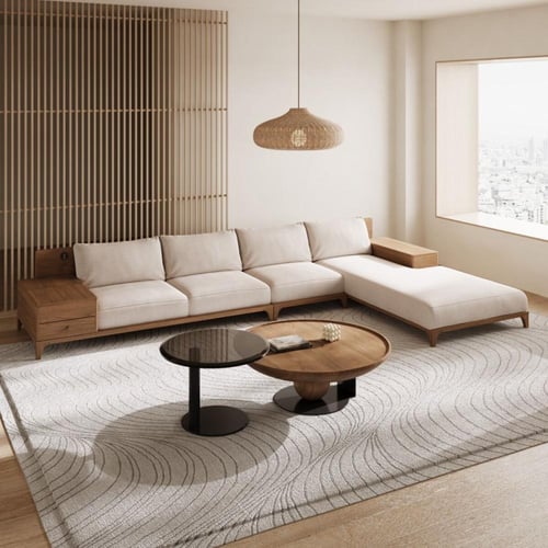 كنبة زاوية رُكنة بمساحة تخزين خشب طبيعي مع قماش كت...