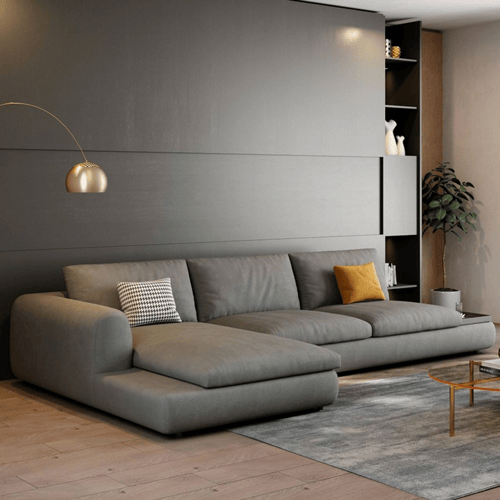 اريكة قماش فاخرة علي شكل ال بالوان مختلفه.