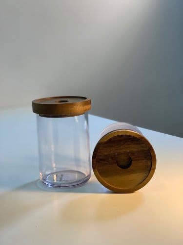 برطمان بلاستيك صلب مع غطاء محكم من خشب الأكاسيا