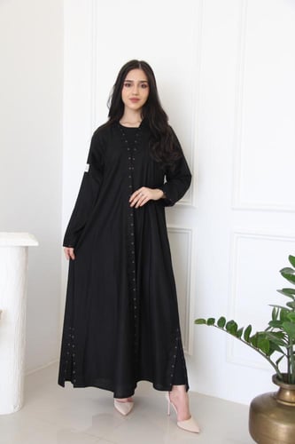 عباية بقماش لينن هندي طبيعي اسود مع تطريز يدوي بال...