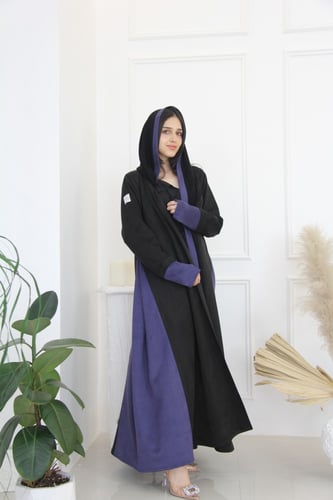 عباية بقماش شمواه اسود مع كحلي مع قصة فتحت اصبع با...