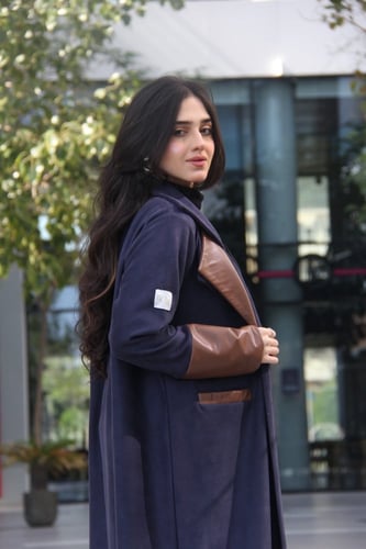 عباية بقماش شمواه كحلي و جلد و جيب