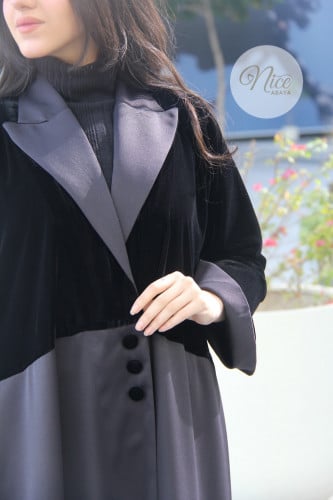 عباية بقماش مخمل اسود مع كتان