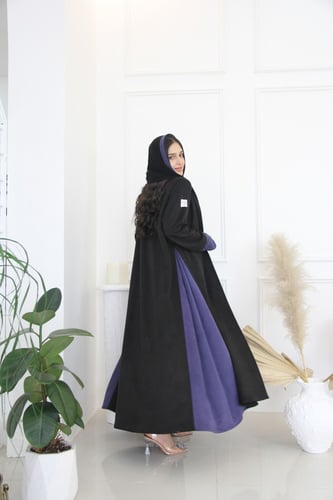 عباية بقماش شمواه اسود مع كحلي مع قصة فتحت اصبع با...