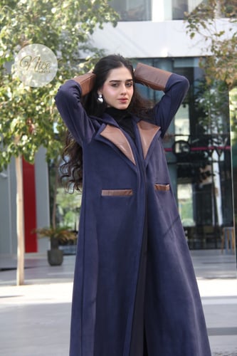 عباية بقماش شمواه كحلي و جلد و جيب