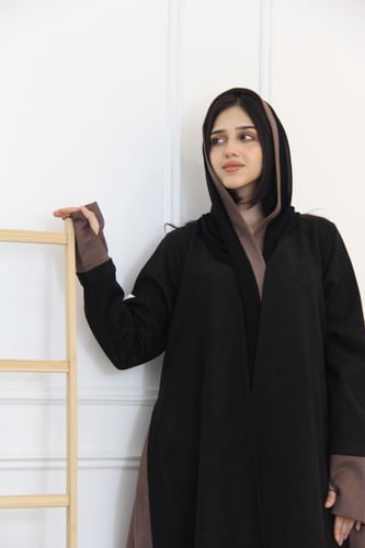 عباية بقماش شمواه اسود مع بني مع قصة فتحت اصبع بال...