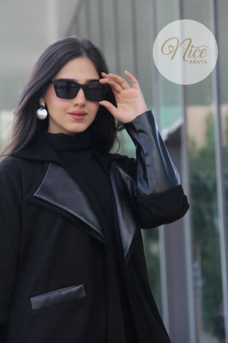 عباية بقماش شمواه اسود مع جلد و جيوب