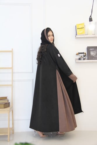 عباية بقماش شمواه اسود مع بني مع قصة فتحت اصبع بال...