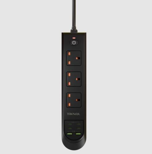 توصيلة كهرباء TiKNAL بقدرة 3250 واط – 3 مقابس بريطانية و2 منفذ USB و4 منافذ USB-C مع حماية من التيار الزائد - بطول 3 متر