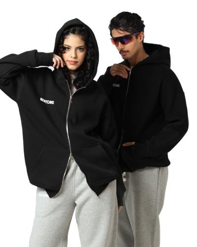 Black Basic Double Zipper Hoodie