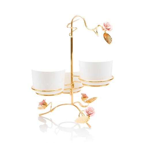 زبادي سيراميك ثلاثي وردي بستاند ذهبي