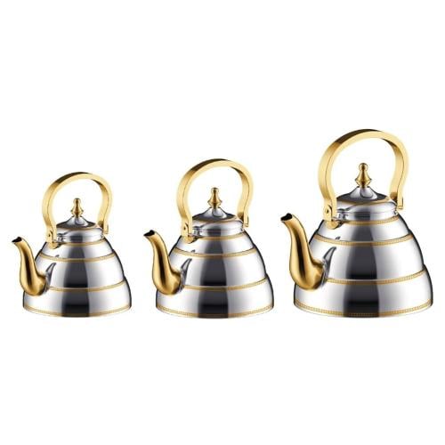 ابريق شاي الدرعية ذهبي كروم طقم 3 حبة مقاس 1.2/1.6...
