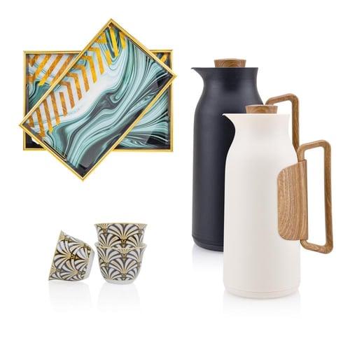 طقم ترامس شاي + طقم صحون تقديم زجاج بإطار خشبي 2 ح...