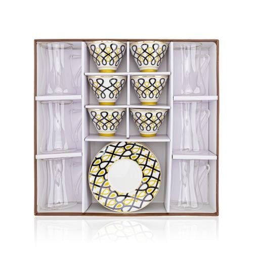 طقم بيالة مع فناجين منقوش 18 قطعة بالعلبة