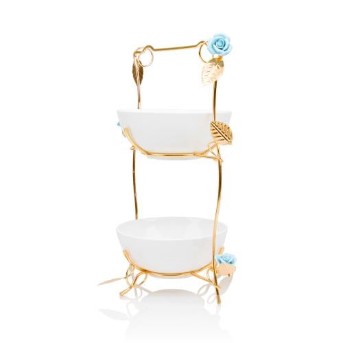 زبادي سيراميك 2دور أزرق بستاند ذهبي