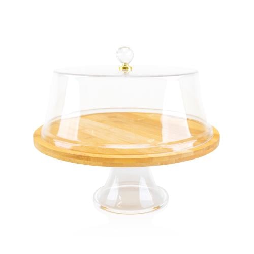 صحن كيك خشب بغطاء إكرليك دائري بقاعدة إكرليك