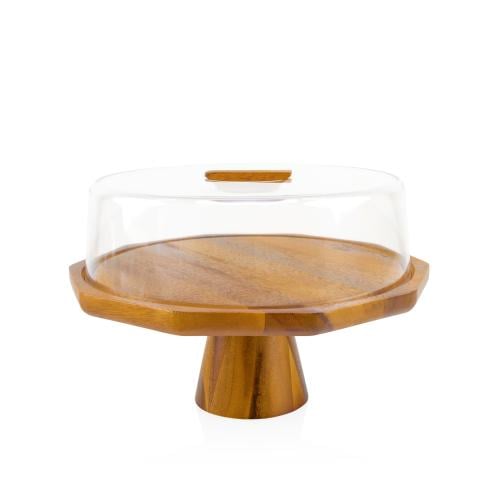 صحن كيك خشب بغطاء إكرليك مضلع بقاعدة خشب .