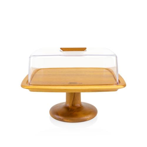 صحن كيك خشب بغطاء إكرليك مستطيل بقاعدة خشب .