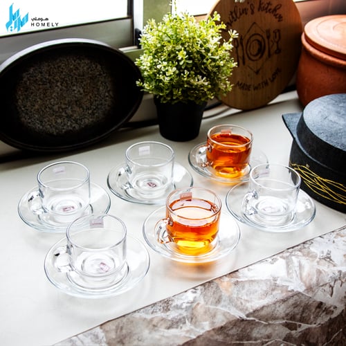 طقم 6 أكواب زجاج شفاف مع صحون