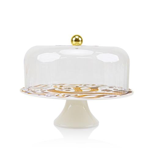 صحن كيك بقاعدة برسلين مع غطاء اكرليك