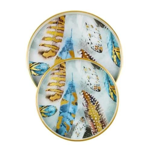 طقم صحون تقديم زجاج بأطراف خشب نقش ريش 2 حبة