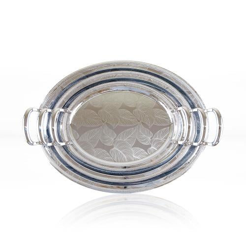 صحن تقديم طقم 3 حبات فضي بيضاوي